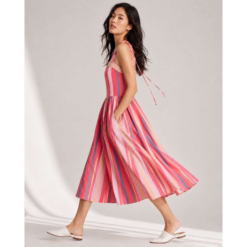 Free‎ People Strawberry Combo Striped Cotton Midi Dress Pink Blue L NWT